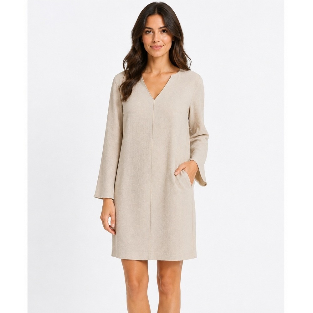 NWT Antonelli Firenze Beige Textured V-Neck Long Sleeve Shift Dress Size 40 New
